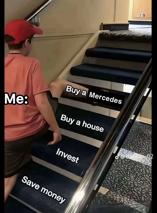 The image shows a person wearing a red baseball cap, walking up a set of stairs with their hand resting on the railing. The caption below the photo reads "Me: Buy a Mercedes", indicating that someone has posted about buying a Mercedes car.