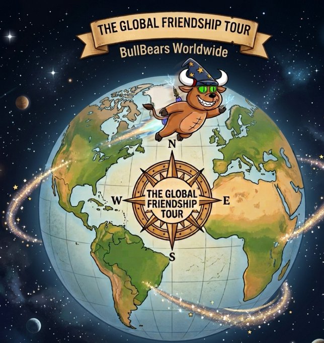 A whimsical illustration shows a bull wearing a wizard hat flying around Earth on a sparkling trail, with banners reading 'THE GLOBAL FRIENDSHIP TOUR' and 'BullBears Worldwide' above a compass rose.