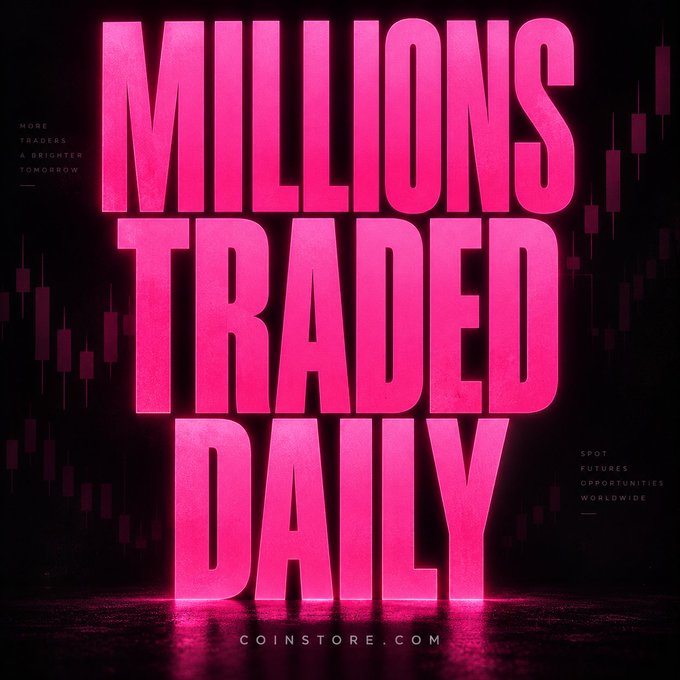 A bold advertisement for 'COINSTORE.COM' featuring large pink text reading 'MILLIONS TRADED DAILY' and 'MORE TRADERS A BRIGHTER TOMORROW' with smaller text 'SPOT FUTURES OPPORTUNITIES WORLDWIDE'.