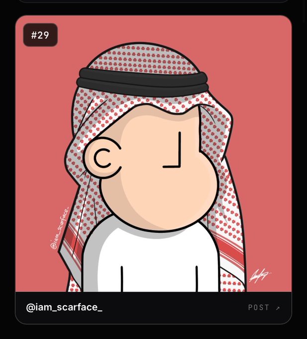 A cartoon illustration of a character wearing a traditional keffiyeh and black agal, labeled '#29' with the username '@iam_scarface_' displayed at the bottom.