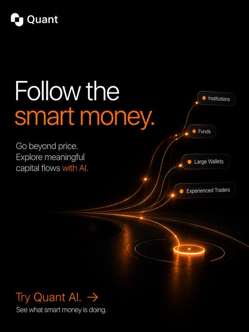 A dark-themed advertisement for 'Quant' AI with the headline 'Follow the smart money.', featuring orange glowing lines pointing to categories like Institutions, Funds, Large Wallets, and Experienced Traders.