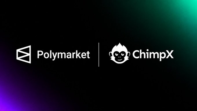 A dark promotional banner displaying the logos and names of 'Polymarket' and 'ChimpX' side by side, separated by a vertical line, with gradient lighting in the background.