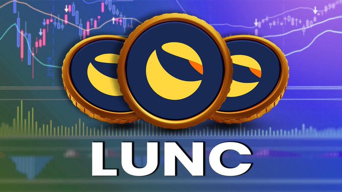 Three gold coins with a yellow moon logo are displayed against a stock chart background, with the ticker 'LUNC' written below in bold white letters.