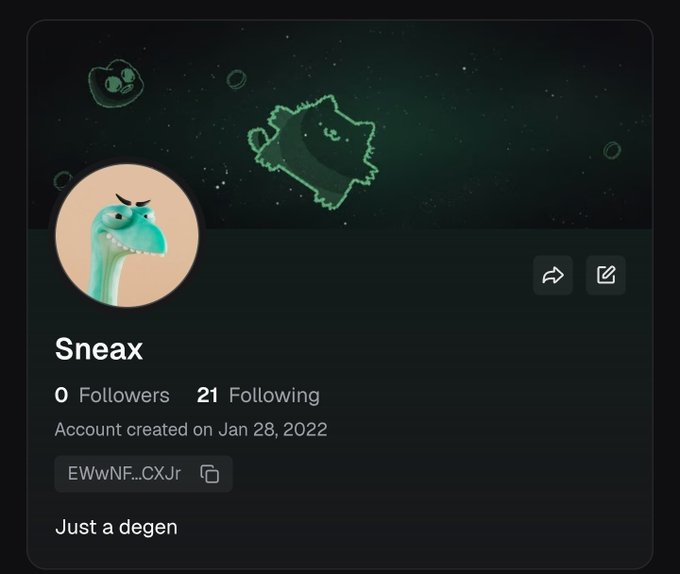 A user profile for "Sneax" (@EWwNF.CXJr), featuring a dinosaur avatar with the tagline "Just a degen," created on Jan 28, 2022, with 0 followers and 21 following—matching the post's self-deprecating "degen" branding as the account announces plans to experiment on Pumpfun over the weekend.
