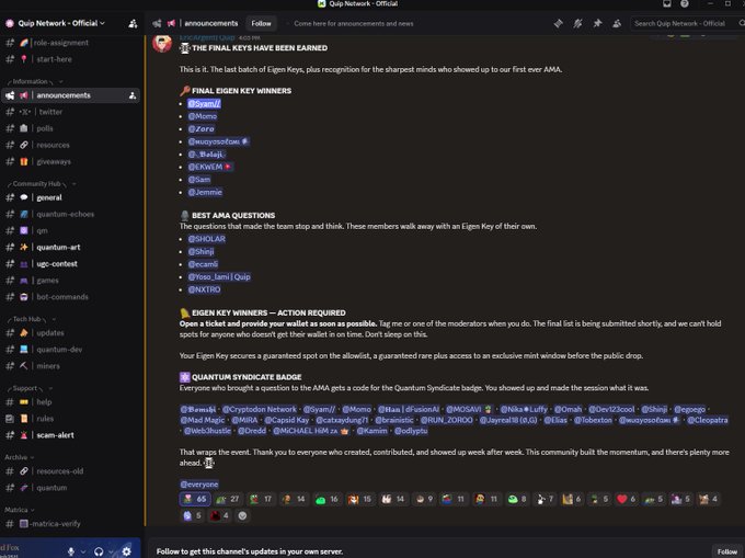 A screenshot of the Quip Network Discord server's #announcements channel, announcing 'THE FINAL KEYS HAVE BEEN EARNED' with lists of winners, best AMA questions, and 'QUANTUM SYNDICATE BADGE' recipients.