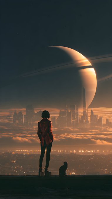 A digital artwork showing a person and a cat looking out from a ledge at a futuristic city with a large ringed planet in the sky.