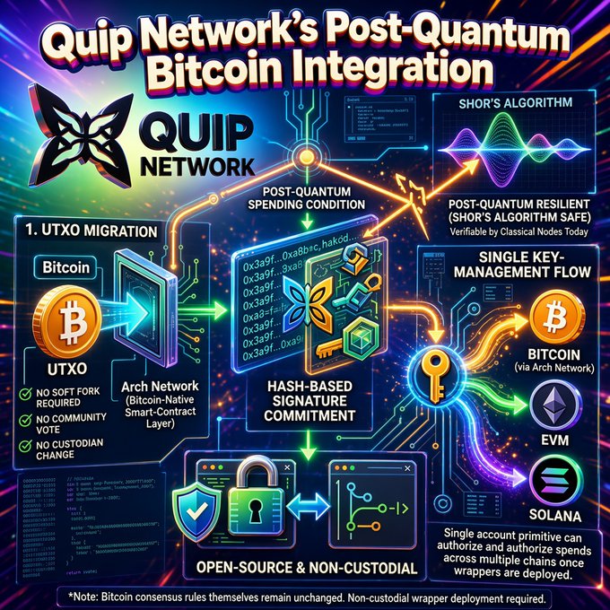An infographic titled 'Quip Network's Post-Quantum Bitcoin Integration' explains a UTXO migration process for Bitcoin using hash-based signature commitments and Shor's algorithm-safe methods, enabling cross-chain transactions to Bitcoin, EVM, and Solana.