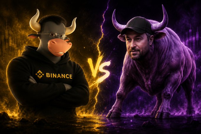 A dramatic "VS" showdown image featuring a bull-headed figure wearing a Binance hoodie on the left against a purple bull with a man's face on the right, symbolizing a rivalry between Solana's Toly and Binance's CZ as referenced in the post's caption about who will win.