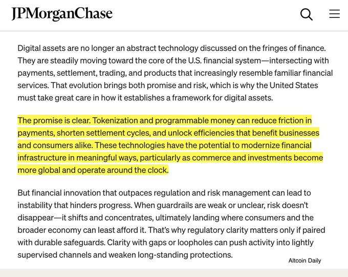 JPMorganChase article excerpt highlighting text about tokenization and programmable money reducing friction in payments and shortening settlement cycles, watermarked 'Altcoin Daily'.
