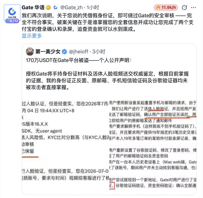 A Chinese-language social media post from Gate华语 (@Gate_zh) discussing security verification procedures, referencing a case involving 1.7 million USDT and a response to claims about bypassing identity verification.