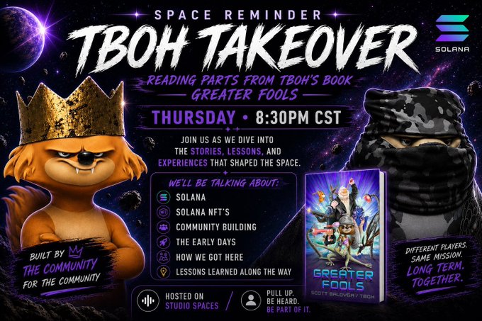 A promotional graphic for a 'TBOH TAKEOVER' Space Reminder event on Solana, featuring characters and details for Thursday 8:30PM CST hosted on Studio Spaces.