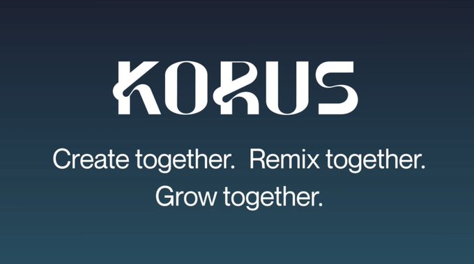 A logo screen displays the word 'KORUS' with the tagline 'Create together. Remix together. Grow together.' on a dark blue background.