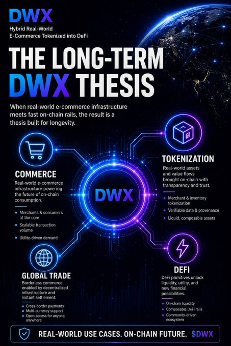 A promotional graphic for 'DWX' outlining 'THE LONG-TERM DWX THESIS' as a hybrid real-world e-commerce tokenized into DeFi, highlighting pillars of COMMERCE, TOKENIZATION, DEFI, and GLOBAL TRADE against a backdrop of Earth from space.