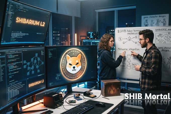 Digital illustration of two developers discussing Shiba Inu's Shibarium L2 and SHIB token burning mechanics on a whiteboard, with monitors displaying 'SHIBARIUM L2' and a Shiba Inu coin graphic, captioned 'SHIB Mortal'.