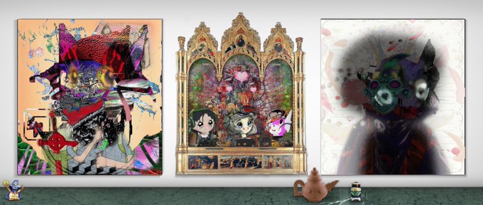 Three large digital art canvas displays featuring colorful, surreal artwork—including anime characters, a Gothic altarpiece design, and abstract portraits—shown in a virtual gallery room with small avatars visible.