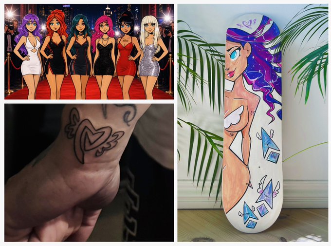 A collage featuring stylized illustrations of seven women in colorful dresses posing on a red carpet, a tattoo of a winged heart on a wrist, and a painted skateboard deck with a purple-haired anime-style girl against a tropical leaf background.