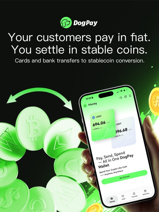 An advertisement for DogPay showing a smartphone displaying the app's money wallet interface with USDT balance of 694.06, with text reading "Your customers pay in fiat. You settle in stable coins. Cards and bank transfers to stablecoin conversion."