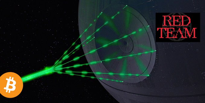 A graphic depicting the Death Star firing green laser beams, with a Bitcoin logo at the source and a 'RED TEAM' logo in the corner.