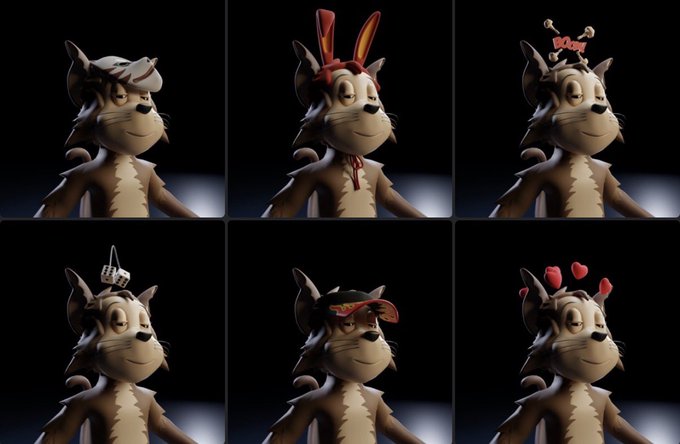 A 3x2 grid of renders showing a wolf-like character wearing various head accessories, including bunny ears, a robotic headpiece, a Rubik's cube, a red visor, and hearts.