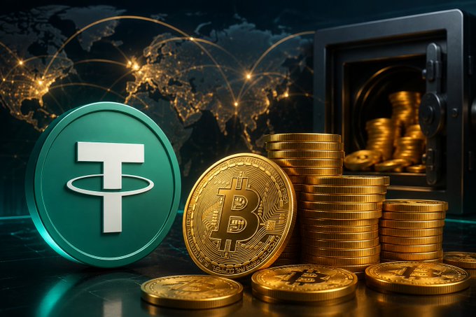 A digital illustration showing Tether (USDT) and Bitcoin coins alongside stacks of gold coins and a safe, with a world map and network lines in the background.