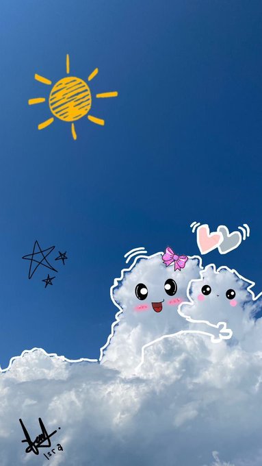 A whimsical illustration of fluffy white clouds with cute cartoon faces and a pink bow, set against a blue sky with a yellow hand-drawn sun and stars, signed by the artist.