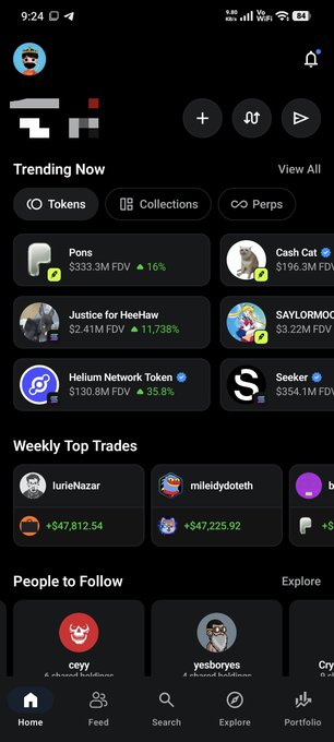 A dark-mode mobile app screen shows a 'Trending Now' section with tokens like 'Pons' and 'Cash Cat', and a 'Weekly Top Trades' section.