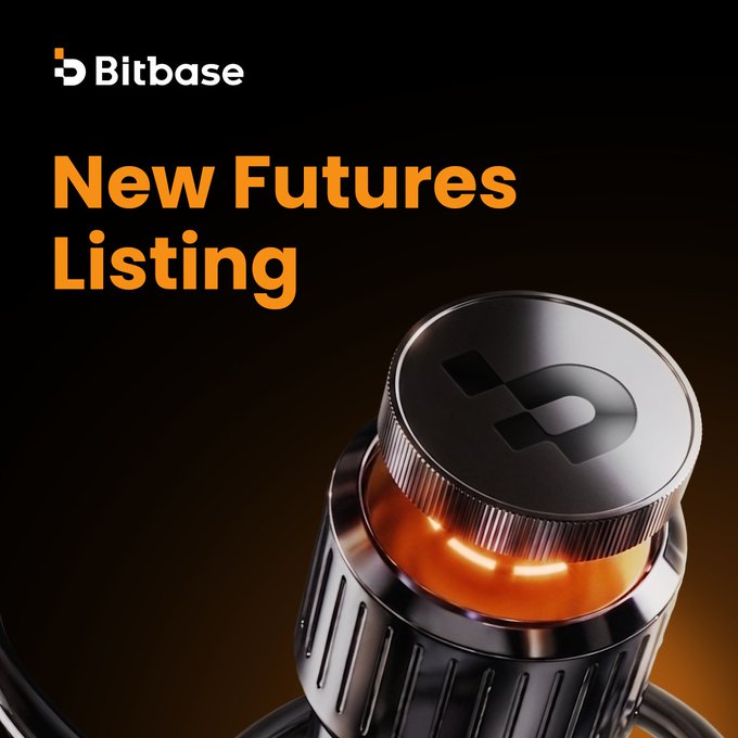 A promotional graphic from Bitbase announcing a new futures listing, featuring the Bitbase logo at the top and a close-up of a metallic, bottle-cap-like object with an orange glow, which visually reinforces the trading pairs (LINUSDT, INFQUSDT, RCATUSDT, LMTUSDT) launching at 8:00 am UTC on August 5, 2026.