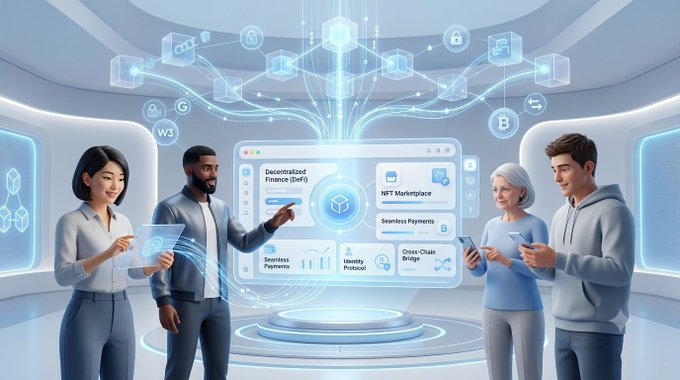 A 3D illustration of four diverse people interacting with a holographic blockchain interface in a futuristic white room, displaying text like 'Decentralized Finance (DeFi)', 'NFT Marketplace', 'Seamless Payments', and 'Cross-Chain Bridge'.