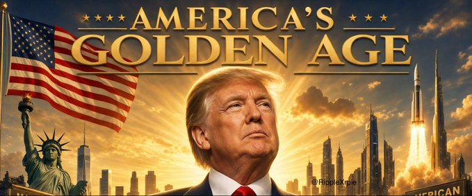 This image depicts a triumphant Donald Trump beneath the text "AMERICA'S GOLDEN AGE" with the American flag, Statue of Liberty, and a rocket launch, symbolizing prosperity and national advancement, aligning with the post's optimistic but speculative claims about the CLARITY ACT.