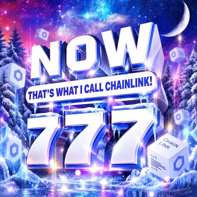 A vibrant, AI-generated holiday-themed graphic reading 'NOW THAT'S WHAT I CALL CHAINLINK 777' in 3D metallic text against a snowy, cosmic background with pine trees, a crescent moon, and Chainlink cubes labeled 'CHAINLINK'.