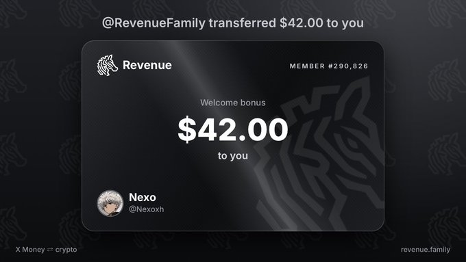 A digital notification showing '@RevenueFamily transferred $42.00 to you' as a 'Welcome bonus' from Nexo (@Nexoxh), labeled 'X Money ⇄ crypto' and 'revenue.family'.