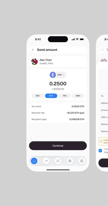A smartphone mockup of the CryptoVault fintech app displays a "Send amount" screen for transferring 0.2500 ETH (~$1050.00) to "Alex Chen" at address 0x4B2...F91a, including a network fee of ~$3.20, percentage presets (25%, 50%, 75%, MAX), and a black "Continue" button. The partially visible second phone on the right shows additional app screens, aligning with the post's mention of four screens from a web3 fintech app design.
