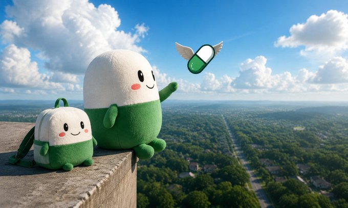 Two cute green and white plush characters sit on a ledge overlooking a vast landscape, while one of them appears to send a winged green pill-shaped object soaring into the sky, embodying the playful message of "sending a little upsey into the world."