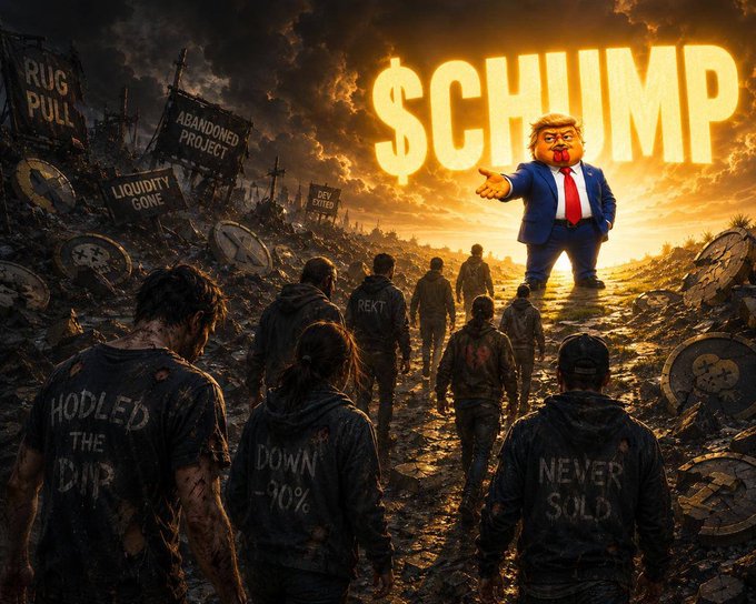 A darkly satirical crypto-themed illustration shows a cartoon figure resembling Donald Trump labeled "$CHUMP" towering over a desolate wasteland littered with deflated tokens and signs reading "RUG PULL," "ABANDONED PROJECT," "LIQUIDITY GONE," and "DEV EXITED," while battered investors wearing hoodies emblazoned with phrases like "HODLED THE DIP," "DOWN -90%," "REKT," and "NEVER SOLD" trudge toward the glowing figure. The imagery visually mirrors the post's commentary on Robinhood retail traders holding through memecoin losses, suggesting that tokens like $CHUMP thrive because RH users "work for their bags" even amid apparent devastation.