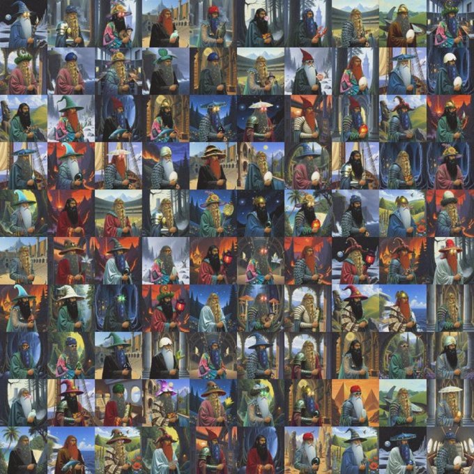 A collage grid of numerous AI-generated fantasy wizard character portraits in varied colorful robes and hats.