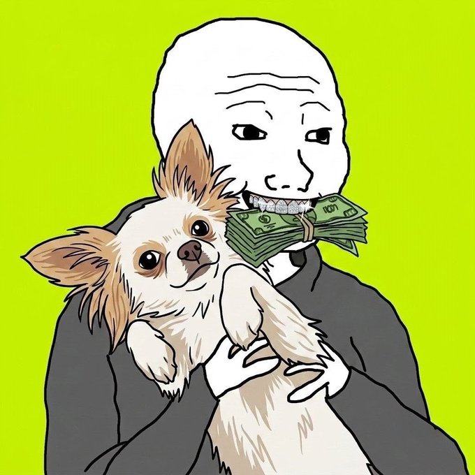 A Wojak-style figure bites down on a stack of $100 bills while holding a long-haired Chihuahua against a bright green background, illustrating the "I put my money where my mouth is" meme by literally having money in its mouth—representing the $WOJAK token ($0xace55fe98bab14366dd49ab5aa5df76aa11a3c6f) being bought on Robinhood Crypto.