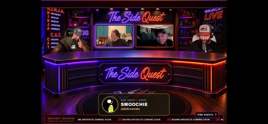 A screenshot from the 'NINJACAT LIVE - The Side Quest' stream, showing four hosts in a purple-and-orange lit studio, with a 'Side Quest' ticker highlighting user 'SMOOCHIE @AlArsenals'.