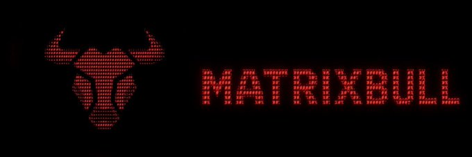 The image shows a red LED-style bull head logo next to the text "MATRIXBULL" in matching digital dot-matrix lettering against a black background. This serves as the official banner image for the $MTRXBULL token on Moby, featuring bold tech-inspired branding with the ticker prominently displayed.