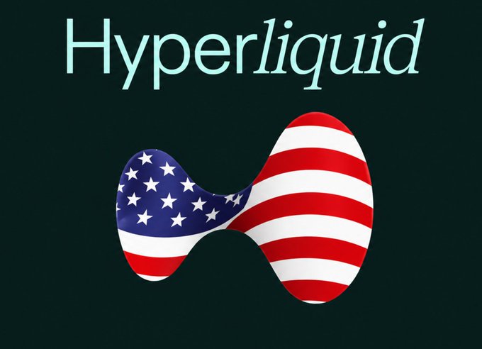 The image features the "Hyperliquid" logo with an American flag draped over it, visually reinforcing the post's message that Trump namedropped Hyperliquid and announced the CFTC is working to bring the platform into the US as compliant and legal.