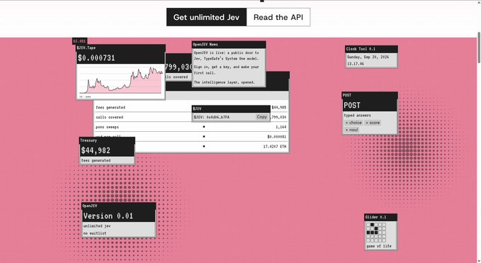 The image shows a pink-themed promotional website for "Jev" featuring a retro/terminal-style interface with elements displaying "$0.000731" price tag, "Version 0.01," "OpenEV News" announcement text, API details (GET/POST endpoints), tokenomics ($44,982), and a "game of life" demo widget. It serves as the visual landing page for the $JEV token promoted in the post, with the top buttons reading "Get unlimited Jev" and "Read the API."