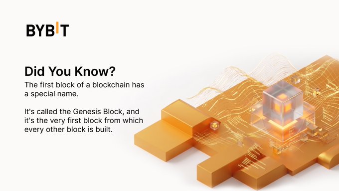 The image features a "Did You Know?" educational graphic by Bybit, explaining that the first block of a blockchain is called the Genesis Block, accompanied by an orange 3D digital illustration of interconnected blocks with glowing data waves. This directly relates to the post's trivia question by confirming that the correct answer is A: the first block ever created, providing the specific terminology ("Genesis Block") referenced in the poll.
