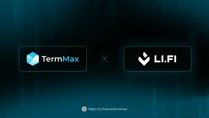 A promotional graphic displaying a partnership between 'TermMax' and 'LI.FI' logos separated by an X, with the URL 'https://t.s/finance/termmax/' shown at the bottom against a dark teal background.