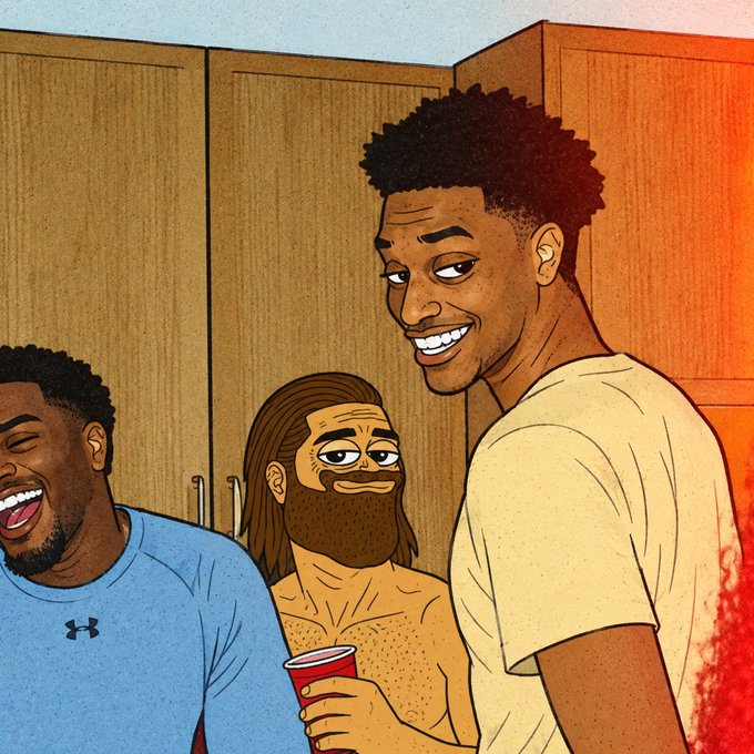An animated cartoon illustration of three young men at what appears to be a party, with one smiling prominently in the foreground and others laughing in the background.