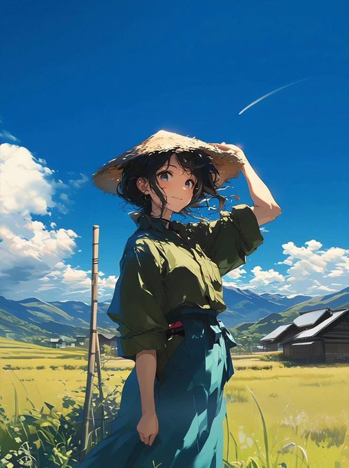 An anime-style illustration of a young woman wearing a straw hat, green shirt, and blue skirt, standing in a sunny grassy field with mountains in the background.
