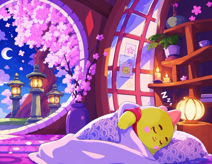 The image features a cartoon cat sleeping peacefully with its eyes closed, surrounded by various objects such as vases, potted plants, and bookshelves. The scene takes place inside an artfully designed room with pink walls and purple accents, creating a cozy atmosphere. The caption for this image reads "Focus on what is in the image and how it relates to the post".