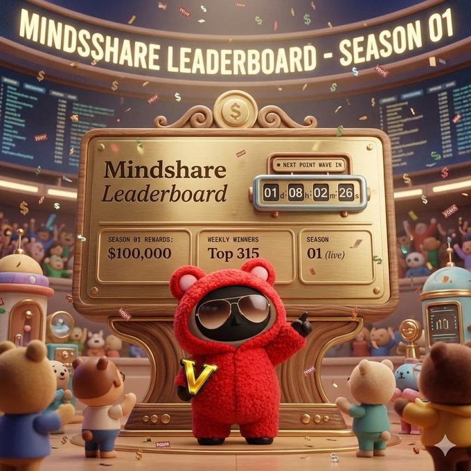 The image features a cartoon scene with a red-suited character standing next to a sign displaying the title "MINDSHARE LEADBORAD" along with some numbers, possibly representing the leaderboard for an event or competition. The cartoon also includes several other characters in various poses and costumes, creating a lively atmosphere. The image is related to the post about Quip network because it highlights their interest in looking into future challenges in the world of blockchain technology.