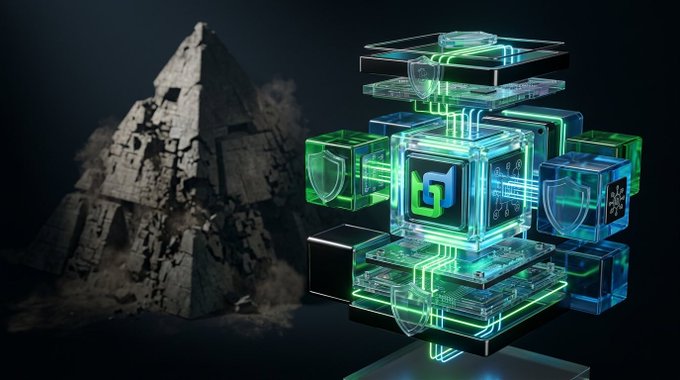 A conceptual image showing a crumbling ancient pyramid on the left contrasted with glowing, futuristic digital cubes featuring security shield icons and interconnected circuitry on the right.