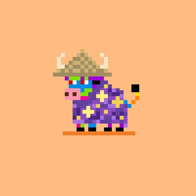A pixel art illustration of a purple bull or ox with colorful glitch-like patches, wearing a straw hat with horns, set against a plain peach-colored background.