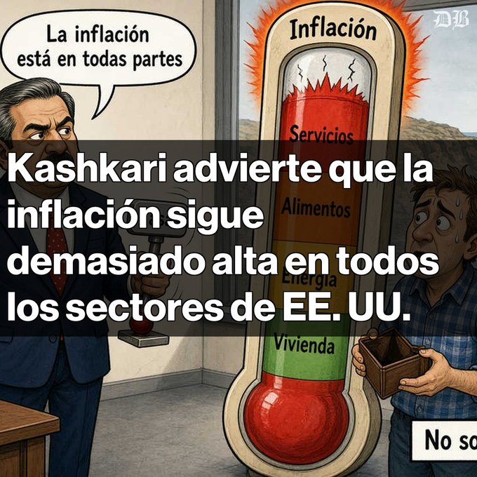A Spanish-language political cartoon showing a man with a hammer next to a thermometer labeled 'Inflación' (with sections for Servicios, Alimentos, Energía, and Vivienda) and a sweating man with an empty wallet, with text reading 'La inflación está en todas partes' and 'Kashkari advierte que la inflación sigue demasiado alta en todos los sectores de EE. UU.'
