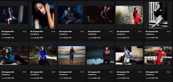 The "Feel My Grace" NFT collection on OpenSea, featuring 12 numbered photographs (NK Snapshot #01 through #12), each listed at 0.20 ETH and limited to one edition, showcasing various portraits of a woman in elegant poses and styling.
